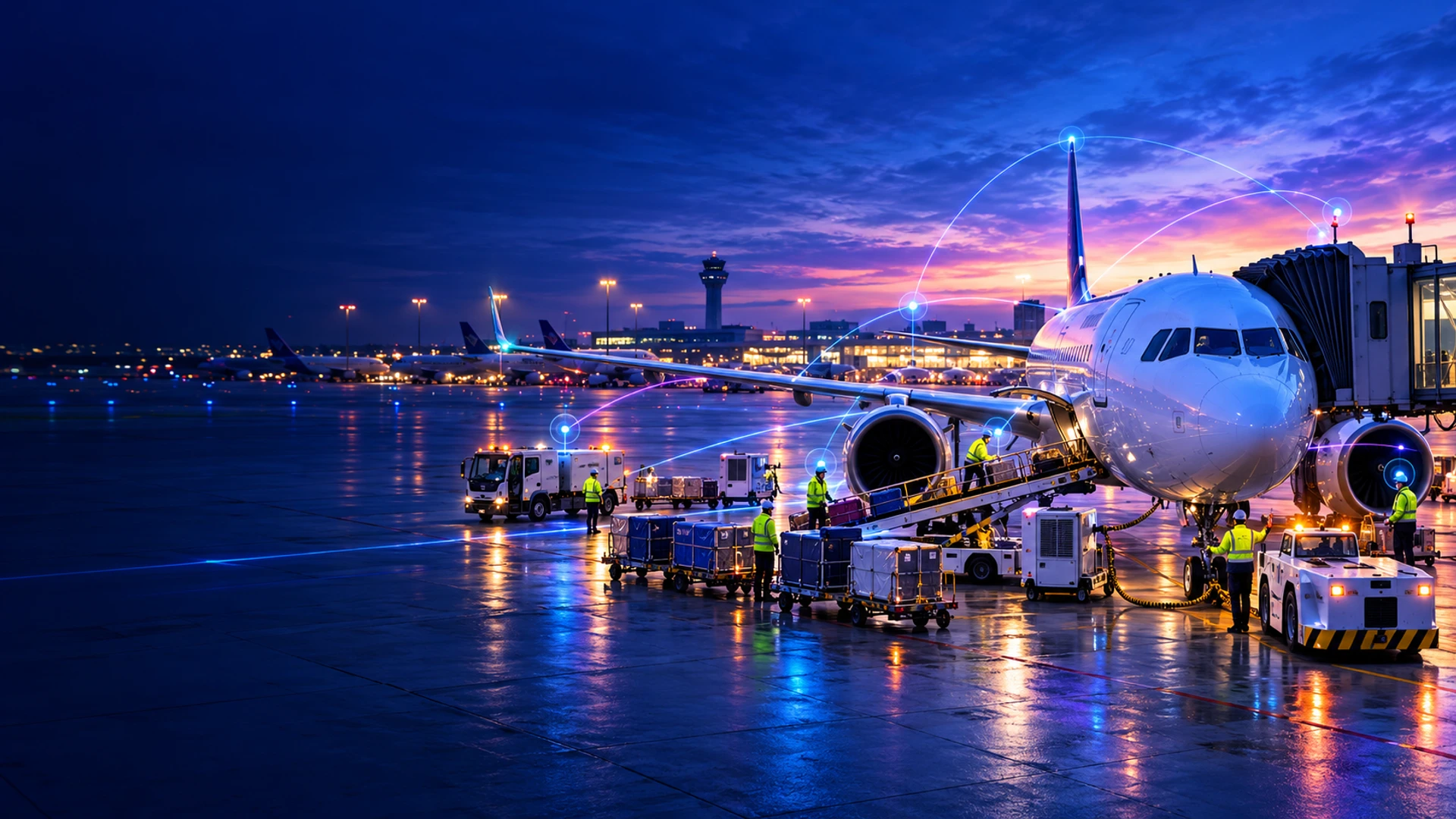 Ground teams coordinating baggage, equipment and aircraft services at a busy airport stand